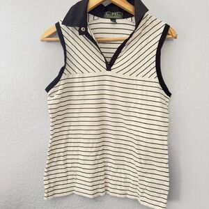 Ralph Lauren Sleeveless Polo Shirt Womens M White Blue Collared Striped Casual